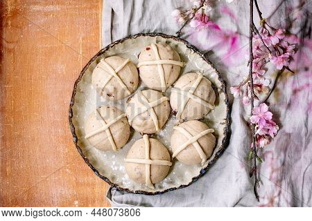 Raw Unbaked Homemade Easter Traditional Hot Cross Buns