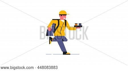The Courier Delivers Food At A Run. Online Food Delivery Service To Your Home. Courier In Working Un