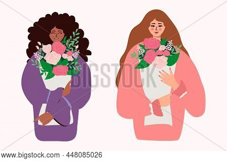 Woman With Dark Hair And A Black African-american Woman Of Another Race Holds A Bouquet Of Spring Fl