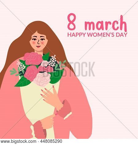 Beautiful Black Woman Or An African-american Woman Holds A Bouquet Of Spring Flowers In Her Hands. V