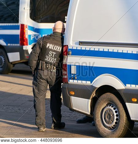 Magdeburg, Germany - January 8, 2022: Police Officer On The Sidelines Of A Demonstration In Magdebur