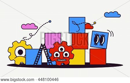 Advertising Puzzle From Cube Block Vector Flat Illustration. Analytics Chart Business Job People Tea