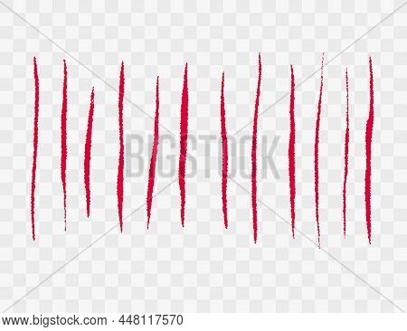 Set With Werewolf, Cat Or Beast Red Scratch Scrape On Transparent Background. Four Wound Marks. Isol