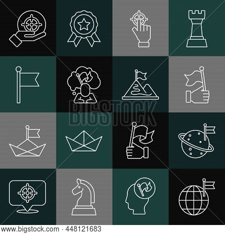 Set Line Planet With Flag, Moon, Hand Holding, Target, Man, Flag, And Mountains Icon. Vector