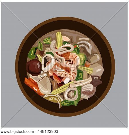 Illustration Rad Na Seafood Placed In A Dish On A Gray Background.