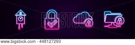 Set Line Retro Wall Watch, Lock And Check Mark, Cloud Computing Lock And Ftp Folder. Glowing Neon Ic