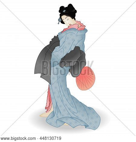 Vector Design Of Japanese Woman With Kimono And Fan, Geisha With Kimono And Fan Traditional Japanese