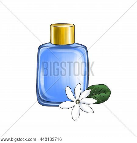 Drawing Glass Perfume Botte And Tiare Flower, Hand Drawn Illustration