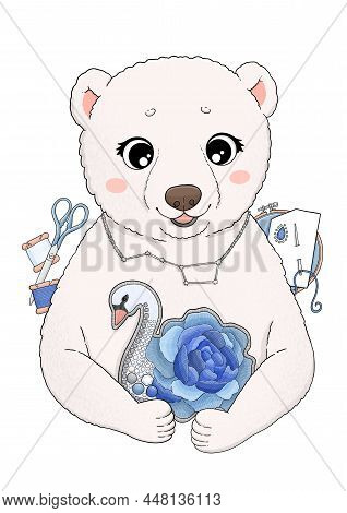 Cute White Bear With Embroidery, Swan Brooch