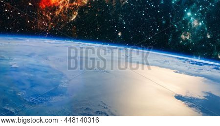 Earth And Galaxy. Elements Of This Image Furnished By Nasa.
