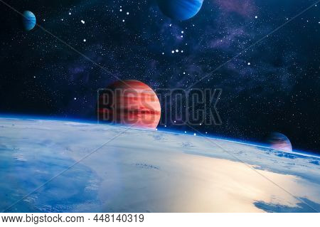 Fantasy Composition Of The Planet Earth And His Natural Satellite, In Stars With A Comet. Elements O