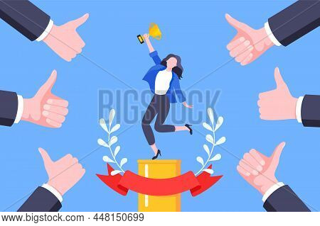 Best Worker Employee Winner With Trophy Cup Inside Award Ribbon And Floral Wreath Flat Style Design 