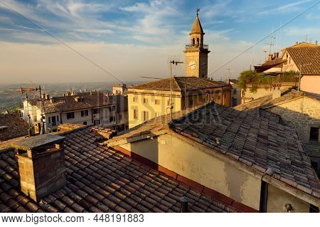Sunset View Of San Marino Microstate And Emilia-romagna Region Of Italy From The Rooftops Of The Cit