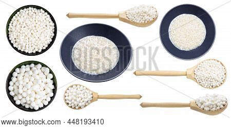 Set Of Various Boiled And Raw Sabudana (tapioca Sago) Balls Isolated On White Background