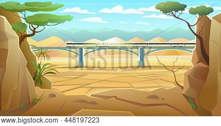 Train Goes Over Bridge. Desert Sand. Landscape Of Southern Countryside. Drought Cracked Desert Land.