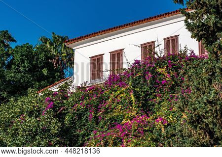 Traditional House With A Tiled Roof And Shutters Among Flowers In Kaleiçi, The Historical District O