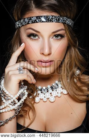 Perfect Beauty And Jewelry Concept. Portrait Of Beautiful Female Model Wearing Ring, Necklace And Wr