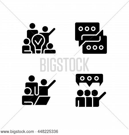 Group Tasks Black Glyph Icons Set On White Space. Sharing Opinions. Communication For Collaborative 