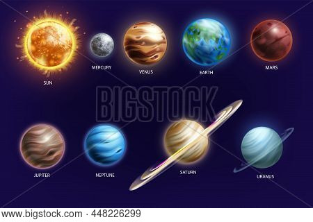 Solar System Planet Set, Vector Galaxy Space Planetary Illustration, Sun, Earth, Mars, Mercury, Nept