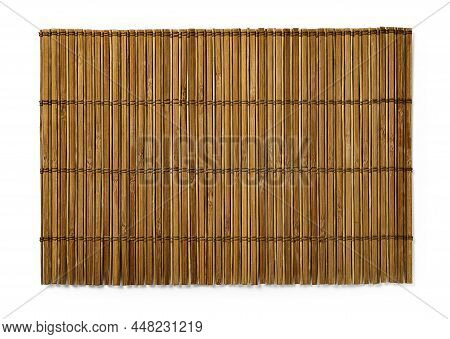 Brown Bamboo Table Mat Isolated On A White Background. Wooden Luncheon Mat For Place Your Food. Text