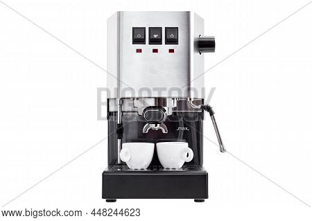 Gray Stainless Steel Carob Coffee Maker With Espresso Filter Holder In White Ceramic Cups And Steam 