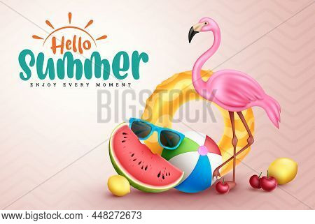 Summer Season Vector Design. Hello Summer Typography Text With Flamingo, Fruits And Floater Elements