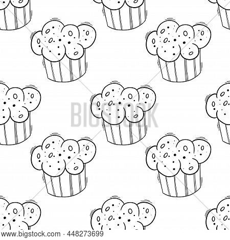 Bakery Black Doodle Outline Seamless Pattern With Pastry. Cakes, Donuts, Buns And Croissants.