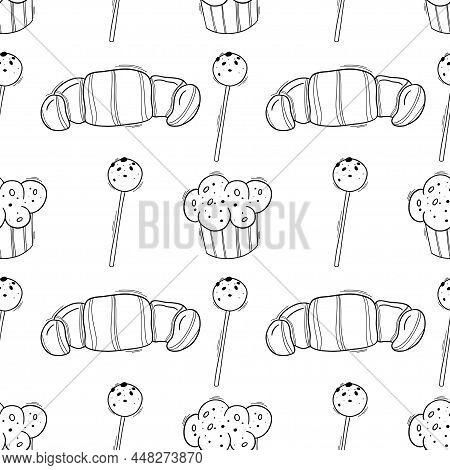 Bakery Black Doodle Outline Seamless Pattern With Pastry. Cakes, Donuts, Buns And Croissants.