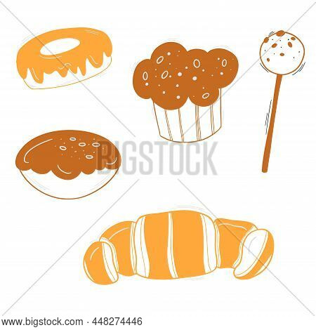 Bakery Colored Doodle Set Pattern With Pastry. Cakes, Donuts, Buns And Croissants.