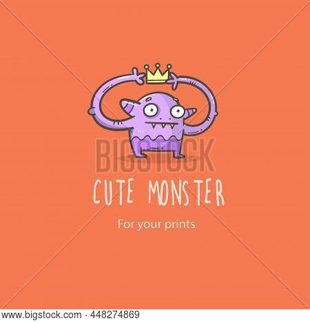 Vector Card With Cute Cartoon Monster. Funny Fictional Animal . Doodle Line Art Creature Print. Chil