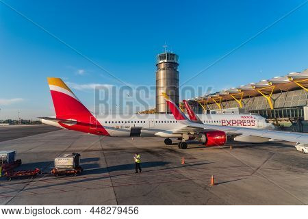 Madrid, Spain - August 2, 2021: Airplanes In The Runways Of Barajas Airport. T4 Terminal. Madrid-bar