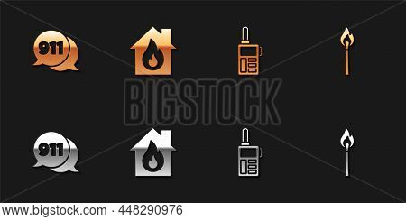 Set Telephone Call 911, Fire In Burning House, Walkie Talkie And Burning Match With Fire Icon. Vecto