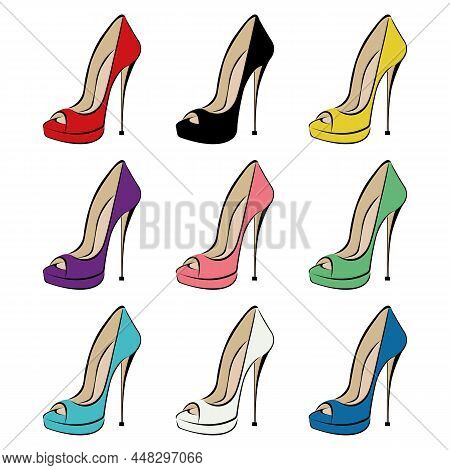 Set Of Women`s Fashion Shoes With Very High Heels With Different Colors. Shoes With An Open Toe. Des