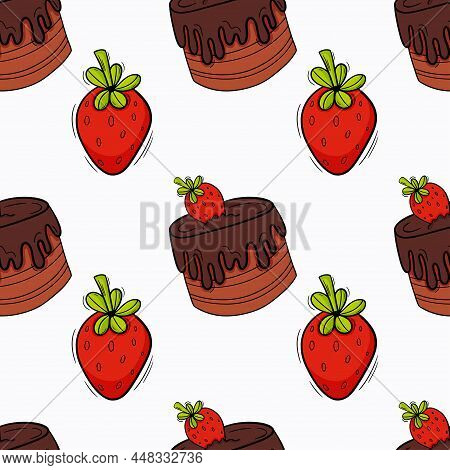 Bakery Colored Seamless Pattern With Pastry. Cakes, Donuts, Buns And Strawberries.
