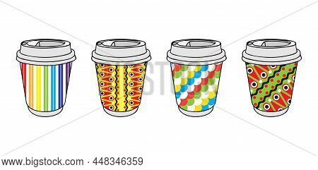 Paper Coffee Cups With Bright Festive Patterns. Cups For Drinks At Children's Events, Fairs, Birthda