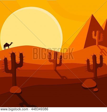 Big Sun In Egyptian Dezert With Cactus