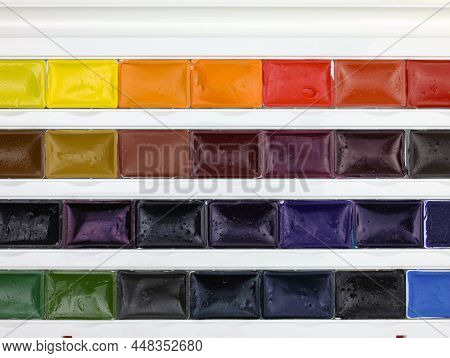 Top View Watercolor Paints In A Plastic Container. Watercolor In Cuvettes Closeup. Different Colors 