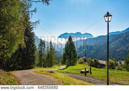Sauris Valley Viewed From The Slopes Of Monte Morgenleit With The Village Of Sauris Di Sopra In The 