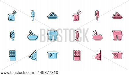 Set Line Chocolate Bar, Slice Of Pizza, Asian Noodles And Chopsticks, Bread Toast, Rice In Bowl With