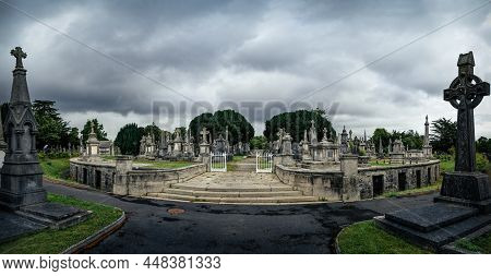 Dublin, Ireland, August 2019 Round Mausoleum, Cripts, Ancient Graves And Tombstones With Celtic Cros