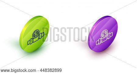Isometric Line Industry Metallic Pipes And Valve Icon Isolated On White Background. Green And Purple