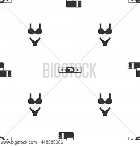 Set Winter Scarf, Belt And Swimsuit On Seamless Pattern. Vector