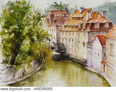 View Of Old Prague Watermill On Chertovka River, Near The Charles Bridge. Picture Created With Water