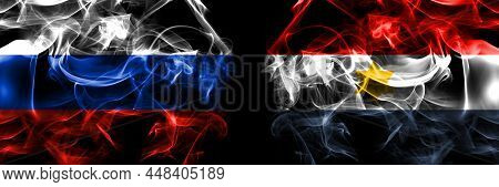 Russia, Russian Vs Myanmar, Chin National Army Flags. Smoke Flag Placed Side By Side Isolated On Bla