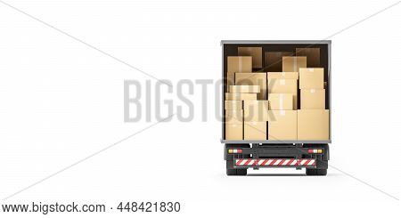 Back View Of Industrial Truck Full With Cardboard Boxes. White Background. Concept Of Packaging And 