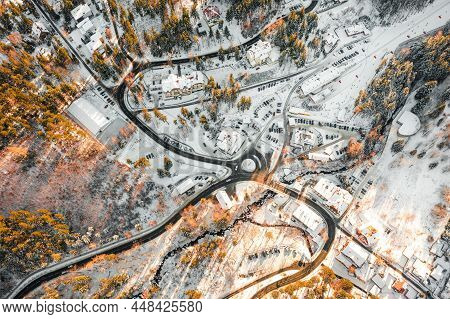 A Snow-covered Resort Town In Poland From A Birds Eye View. Winter Landscape From Above. Karpacz, Po