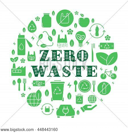 Zero Waste Green Vector Illustration In Circle Form. Zero Waste Refuse Reduce Reuse Recycle Rot Line