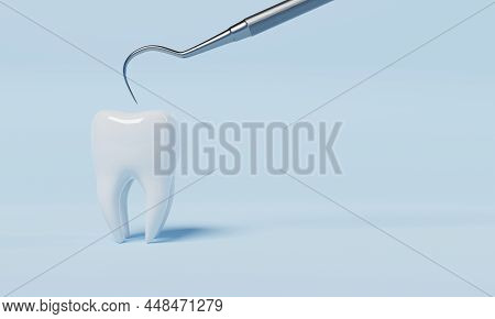 Tooth Healthy Check With Dental Inspection Hook On Blue Background. Health Care And Medical Concept.