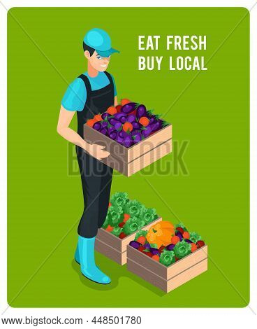 Cheerful Isometric Grocer With Organic Fresh Eco Healthy Vegetables In Wooden Boxes Isolated Vector 
