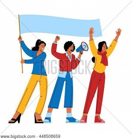 Girl Power And Feminist Movement Flat Design Vector Concept. Angry Protesters With Fists Raised Up A